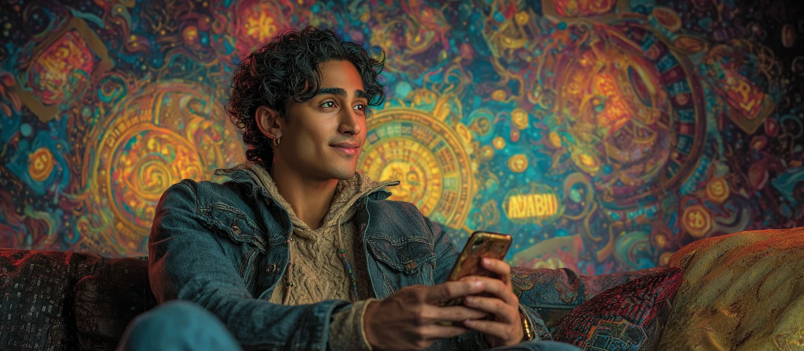 Man in a denim jacket sitting on a sofa with a phone in his hands playing games in BD33 app