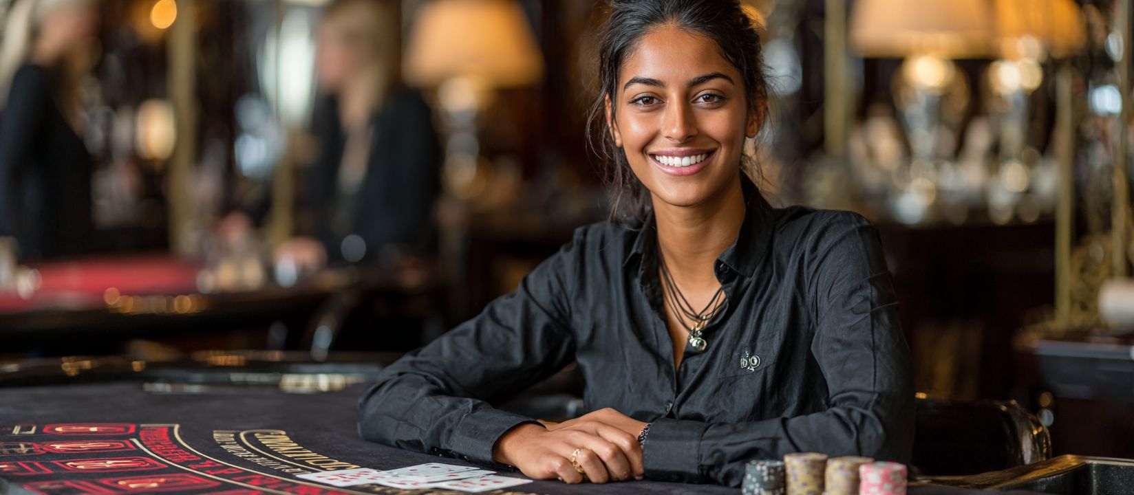 A smiling girl dealer at a card table in a casino with chips and cards in front of her offers an extensive selection of games