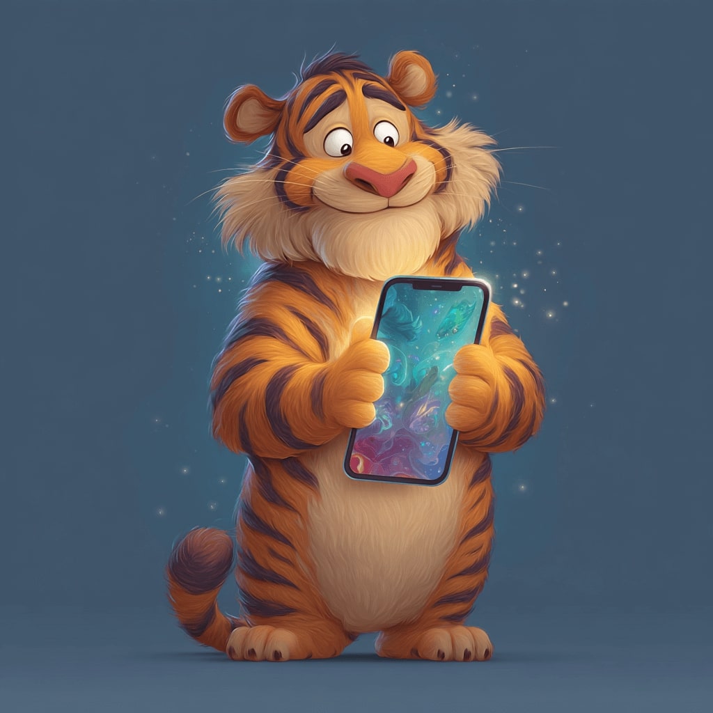 A cartoon tiger cub holds a smartphone in its paws with the fast and reliable BD33 app