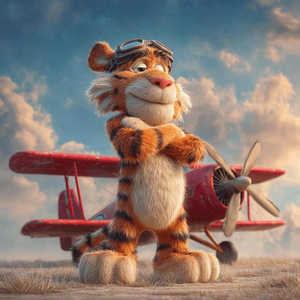 A tiger pilot stands next to a red vintage aircraft symbolising the Aviator game