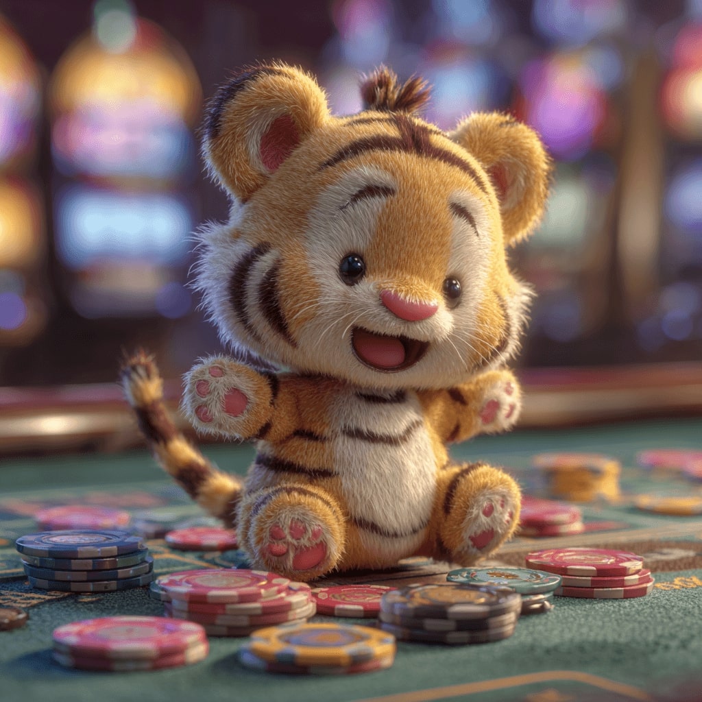 A little tiger cub sits on a table with poker chips.