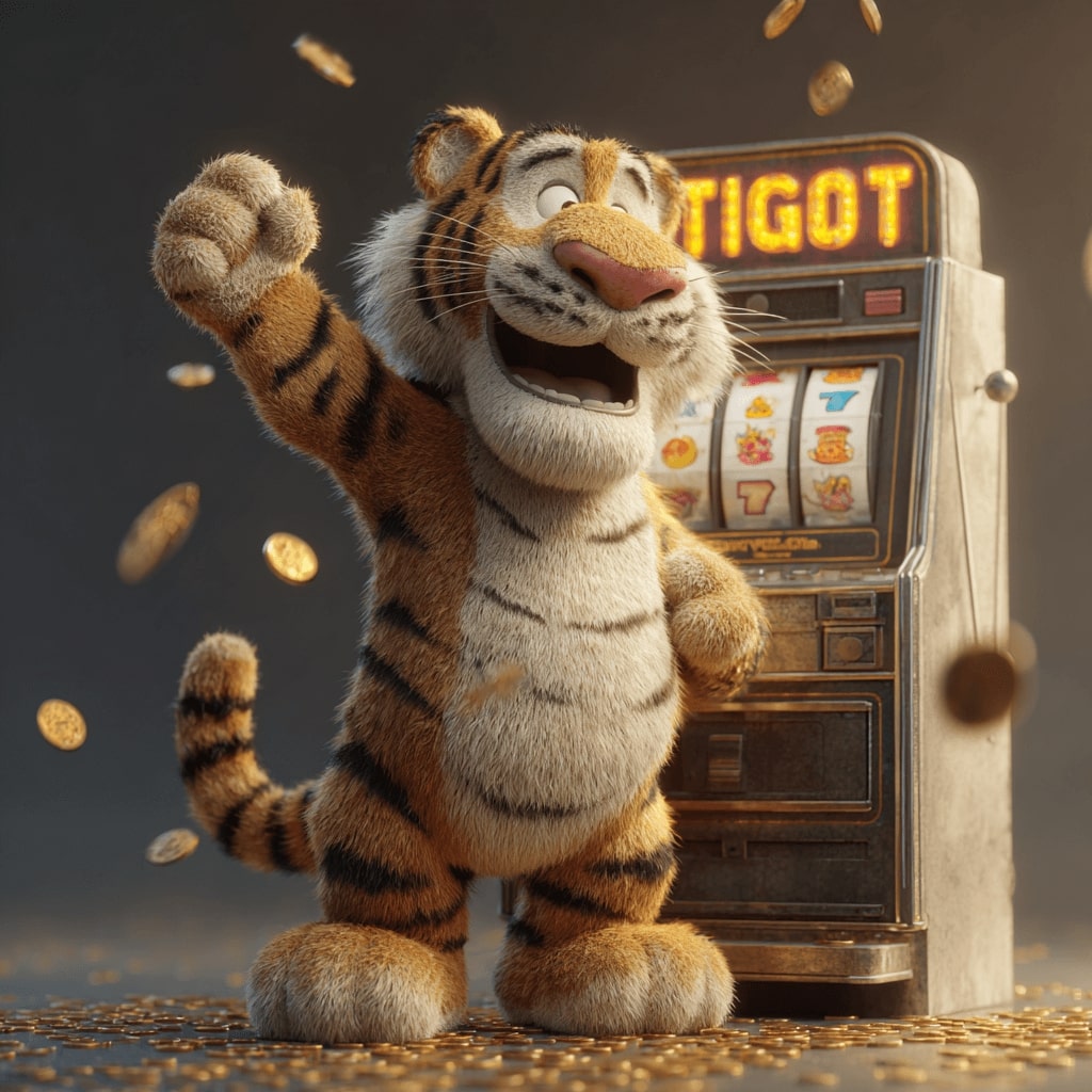 A tiger cub rejoices at his slots winnings