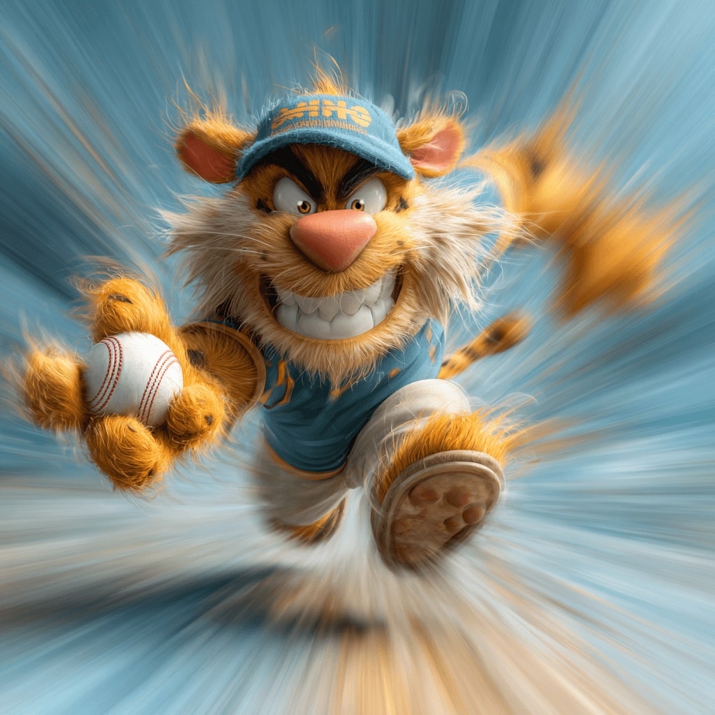 A cheerful tiger cub in uniform with a ball in its paw symbolises cricket betting at BD33