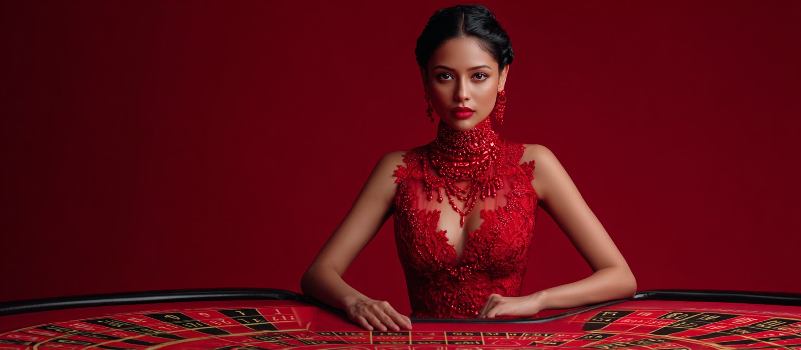 An elegant woman in a red dress at a roulette table in a casino offers a quick and safe login to BD33