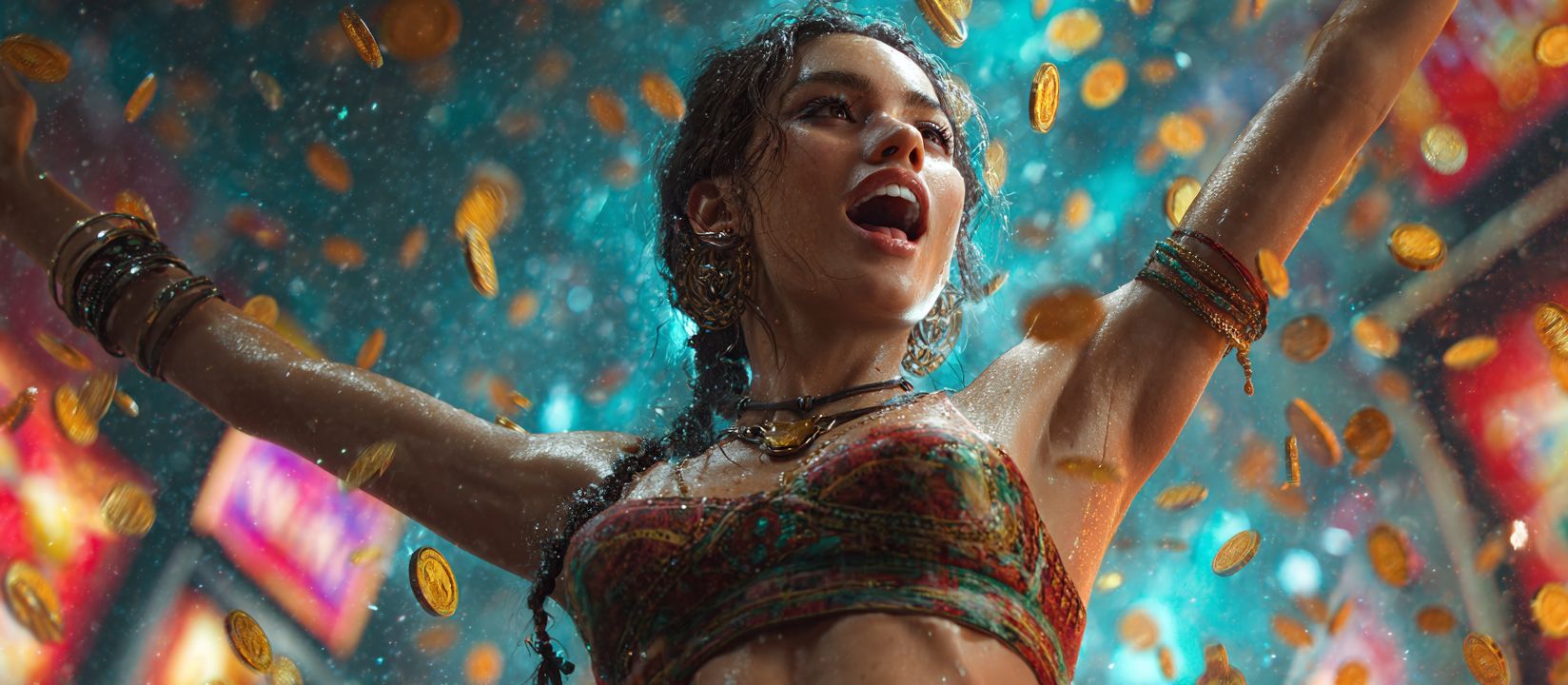 A woman in a colourful top in the rain of coins at BD33 Casino