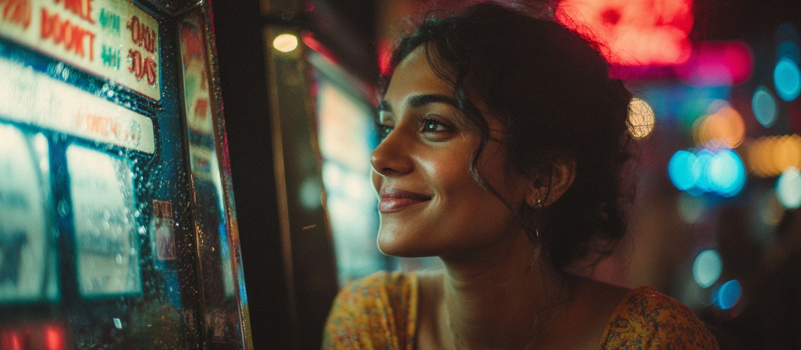 A girl smiles as she sits near a slot machine in a brightly lit casino